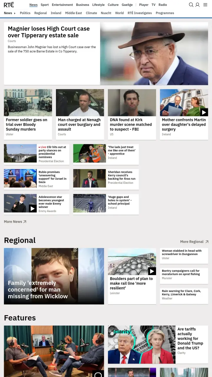 Screenshot of RTÉ News